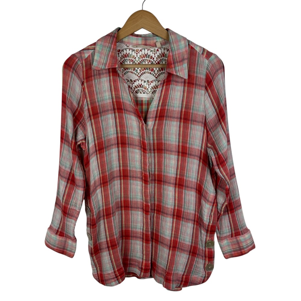 Soft Surroundings Plaid Button Down Shirt Small Boho Cottagecore Fall Western